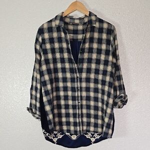 Soft Surroundings Plaid Button-Up Shirt with Lace Hem